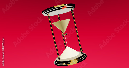Luxury gold hourglass with flowing golden sand isolated on vibrant crimson red studio background for timekeeping and elegant decorative design
