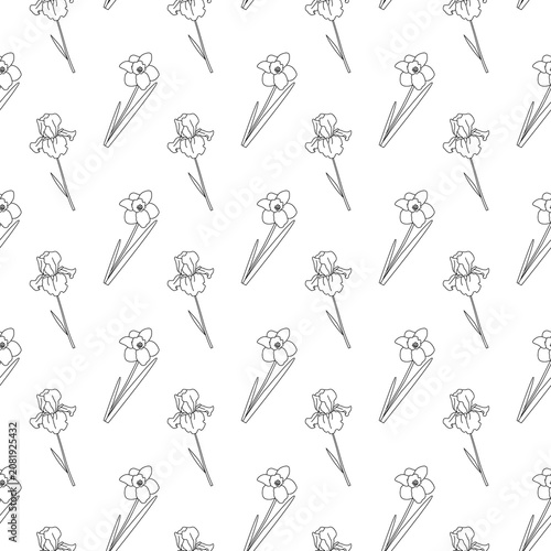 Bild auf Leinwand Seamless floral pattern with daffodil and iris line art, alternating blossoms an