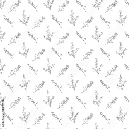 Minimalist seamless botanical pattern with delicate line art stems, flowers, and leafy branches arranged diagonally on white background