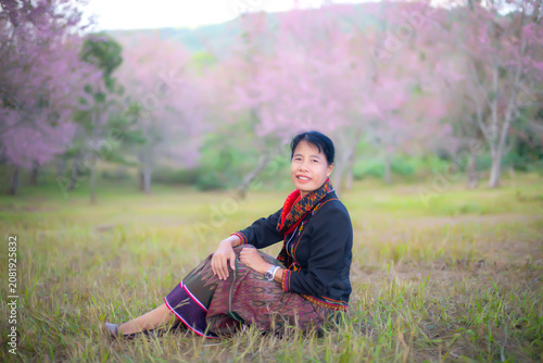 Portrait Photo of Northeastern Thai women with traditional costumes.Thai silk dress concept