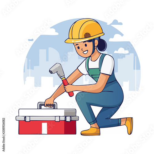 Female construction worker with hammer and toolbox