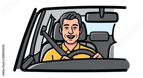 Happy man driving vintage car in cartoon style.