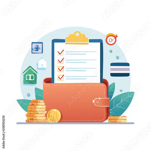 Financial planning checklist with wallet and coins vector illustration