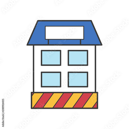 Flat illustration of a simple house with blue roof and windows