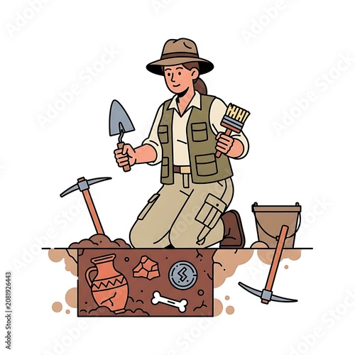 Cartoon miner with pickaxe and lantern in mine.