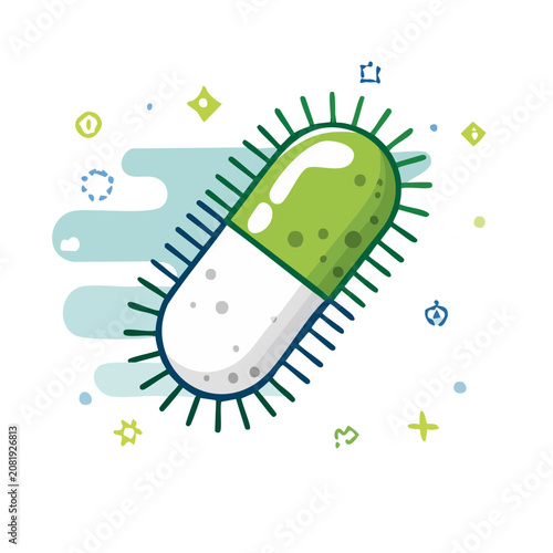 Green capsule with bacteria illustration on transparent background