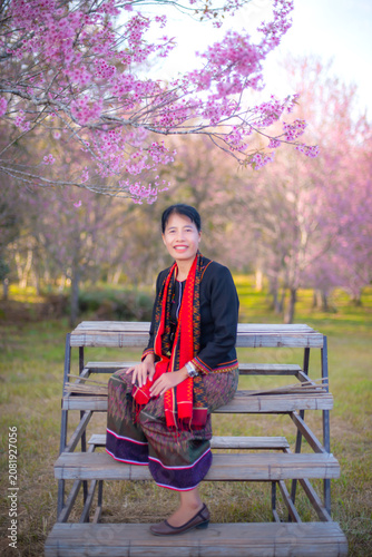 Portrait Photo of Northeastern Thai women with traditional costumes.Thai silk dress concept