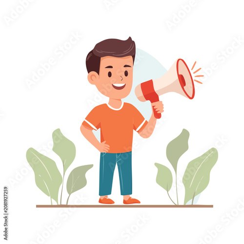 Boy holding megaphone, flat vector illustration