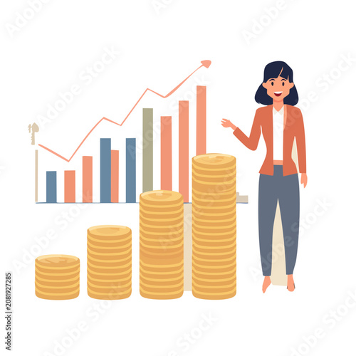 Business woman presenting financial growth with coins and charts