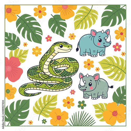Cartoon Snake and Rhinos with Tropical Leaves and Flowers