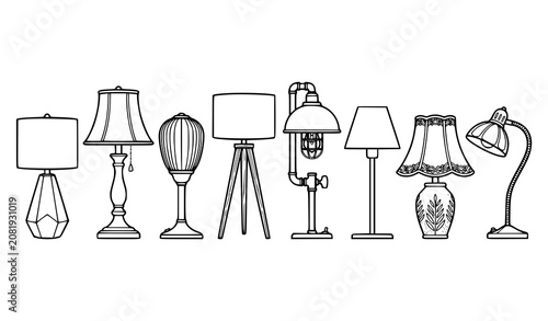 Quadro su tela Black Outline Table Lamp Vector Set Modern Home Decor Lighting Collection