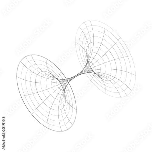 3D wireframe model of a hyperboloid surface with symmetrical funnel-like shapes connected at the center, abstract geometric design symbolizing mathematics
