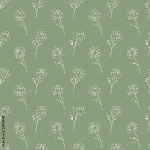 Seamless floral pattern with alternating daisy and rose line drawings, minimalist white outline on muted green background, elegant botanical design for textiles