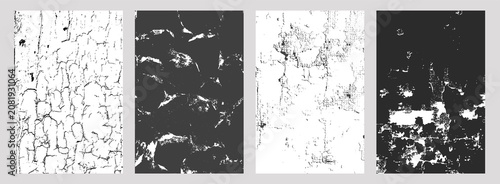 Set of four black-and-white distressed textures, including cracked paint, peeling surface, aged plaster, and corroded metal, abstract grunge backgrounds