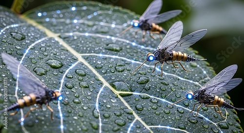 Futuristic Robotic Insect Swarm Resting on Dew Covered Tropical Plant Leaf in High Detail Macro Photography