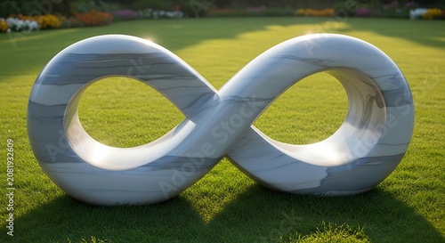 Modern Polished Silver Infinity Loop Sculpture Resting on a Lush Green Grass Field in a Sunlit Outdoor Garden Landscape
