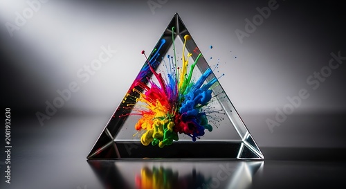 Vibrant Rainbow Paint Explosion Captured Inside a Geometric Glass Triangular Prism for Artistic Abstract Design Concept