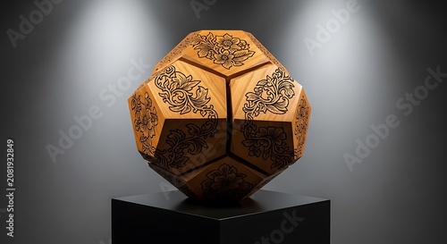 Decorative Wooden Geometric Dodecahedron Sculpture with Intricate Floral Laser Engravings Displayed on a Modern Black Pedestal