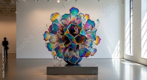 Large Iridescent Multi-Layered Glass Sculpture Exhibited Inside a Minimalist Contemporary Art Gallery Space
