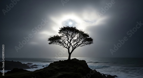 Silhouette of a lone tree standing on a rocky cliff against a dramatic and moody sky over the ocean waves at sunset