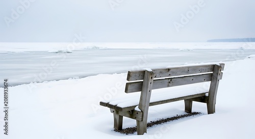 A lonely wooden bench sits covered in fresh white snow overlooking a frozen lake during a tranquil winter season with a minimalist landscape