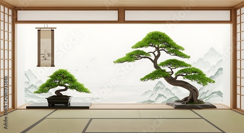 Serene traditional Japanese room with elegant bonsai trees and a tranquil mountain mural, embodying minimalist aesthetic and natural harmony