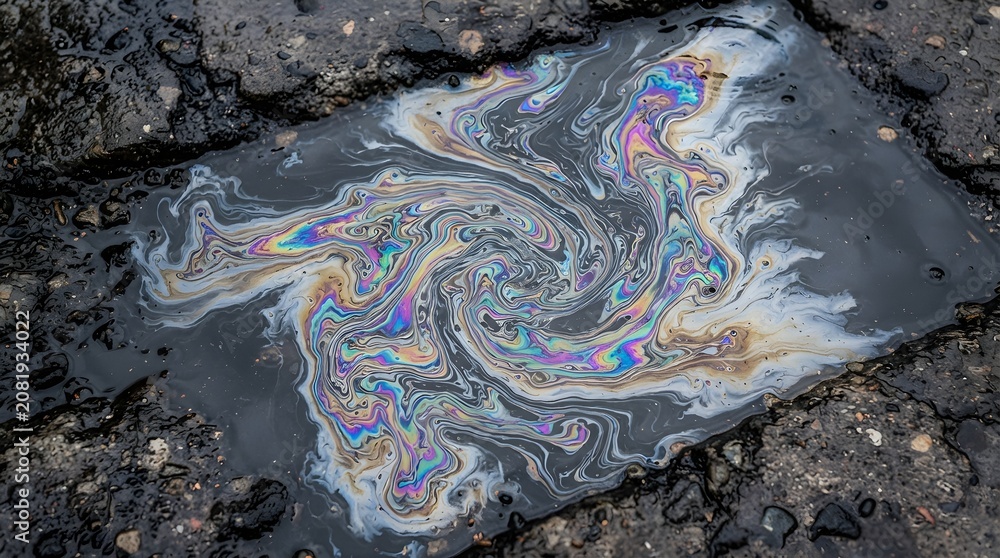 Naklejka premium Oil slick creates a rainbow swirl inside a water puddle on the cracked asphalt.