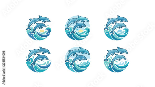 Dolphins Jumping Ocean Waves Sunset Sun Pixel Art Vector Set