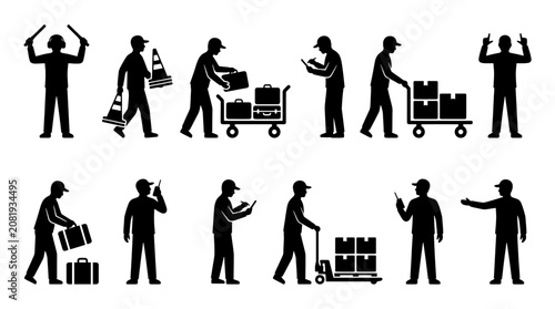 Tableau sur toile Collection of airport ground staff and logistics personnel silhouettes performing various tasks like cargo handling, baggage transport, traffic control, and warehouse operations in black graphics