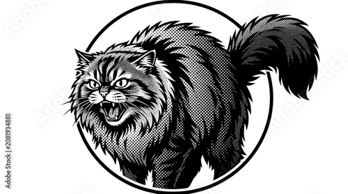 Fotografie Fierce Cat Illustration, Angry Feline, Aggressive Animal, Halftone Dot Style