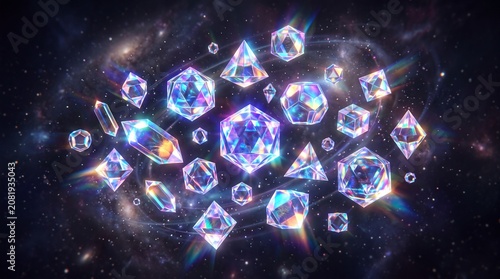 Vibrant Iridescent Geometric Crystals Floating in Cosmic Space