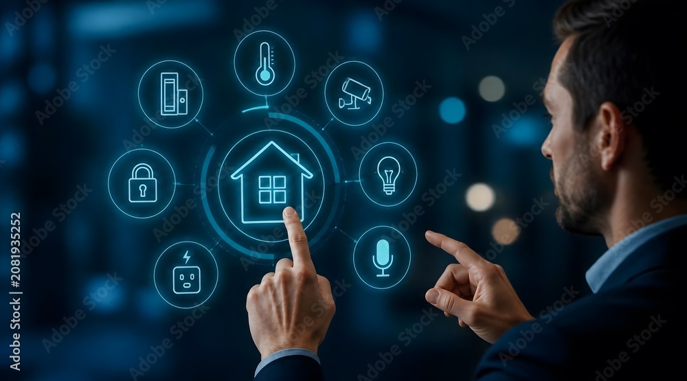 Obraz premium Smart home automation, man and interface for residential security, energy management and lighting control. Digital technology, innovative system and house networking with iot and a remote app.