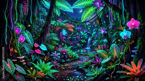 Vibrant Neon Fantasy Jungle with Glowing Plants and Waterfall at Night