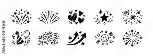 Fotografía Celebration doodle element set featuring fireworks hearts stars party hat balloon confetti swirls icons hand drawn black sketch graphics for festive design projects holiday events decoration