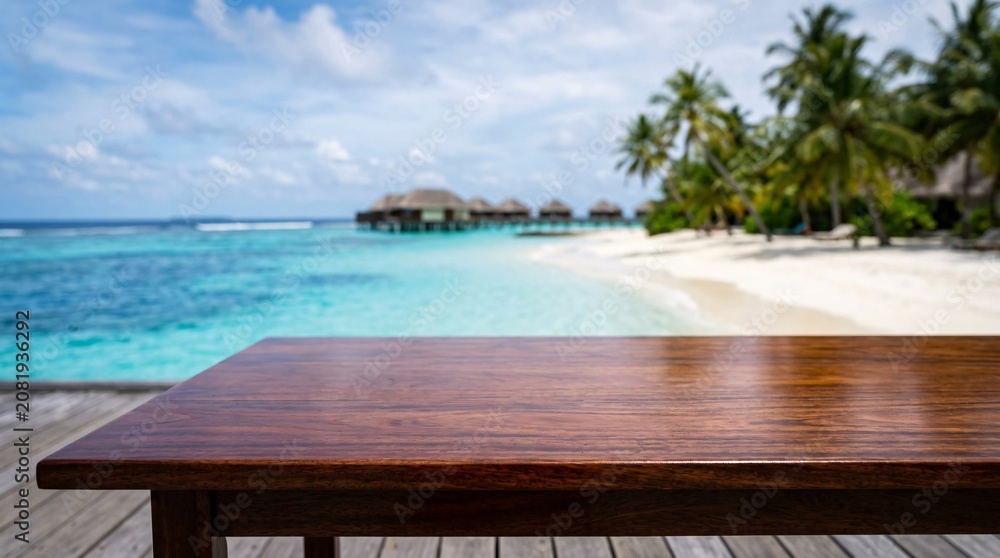 Fototapeta premium Empty polished mahogany table in sharp foreground focus against a blurred backdrop of a breathtaking tropical beach with sapphire waters.