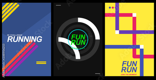 Set of three modern sports graphic posters with dynamic lines and minimalist fun run typography abstract minimalist typography colorful