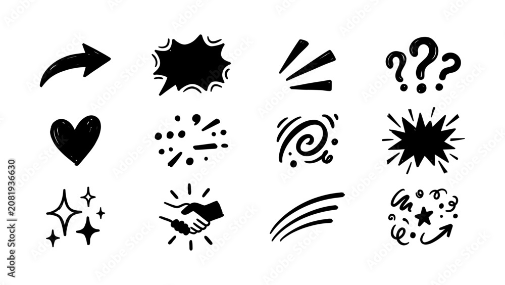 Fototapeta premium Sketchy doodle set with hand drawn arrows, speech bubbles, hearts, question marks, and abstract design elements, perfect for creative projects.