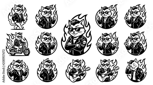 Schilderij op canvas Cool Cat Rocker Icon Set: Flames, Leather Jacket, Sunglasses, Guitar, Motorbike