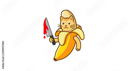 Obraz na plátně Funny Cat Character in Banana Costume Holding Bloody Knife, Cartoon Style