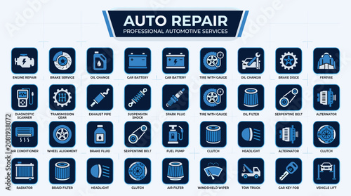 Photos Auto repair service icons set, professional automotive maintenance vector collec