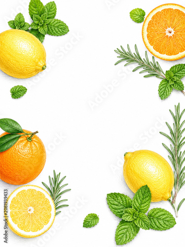 Citrus and Herb Colored Pencil Background with Copy Space