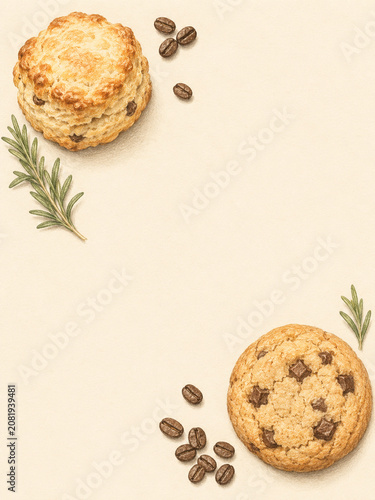 Cafe Menu Background with Cookies Coffee Beans and Rosemary
