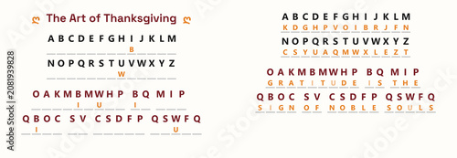 Schilderij op canvas Thanksgiving Cryptogram Puzzle Worksheet with Gratitude Quote