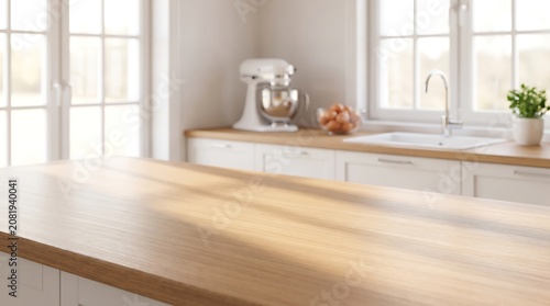 Empty wooden kitchen island countertop in bright modern home interior for product display backdrop and website banner