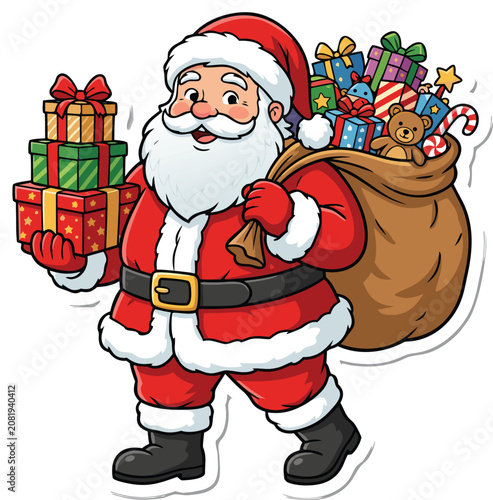 Santa Claus with Gift Stack and Toy Sack Cartoon Vector Illustration