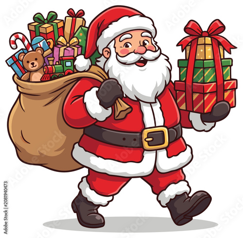 Santa Claus with Gift Bag Cartoon Illustration