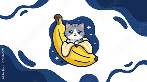 Fotografie Sad Cartoon Cat Crying Inside a Banana