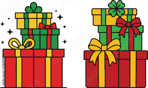 Christmas Gift Boxes Vector Illustration Flat Line Art Icon Set