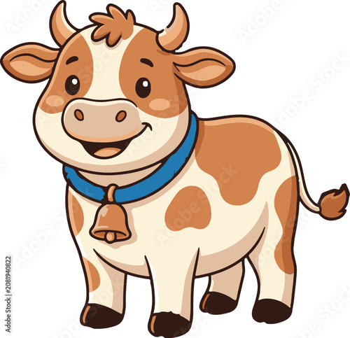 Cute Cow Illustration Cartoon Character with Bell Vector Design