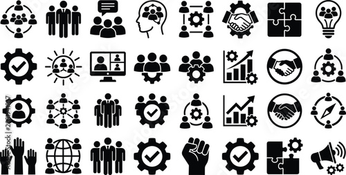 Teamwork and business cooperation icon set representing partnership collaboration strategic management structure unity and corporate workflow